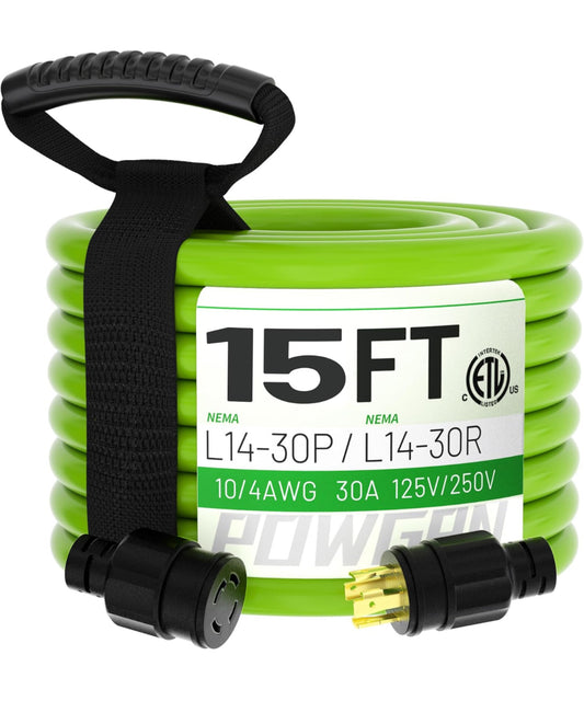 15Feet 30 Amp Generator Extension Cord 4 Prong,Heavy Duty NEMA L14-30P/L14-30R,125/250V 7500W,Green 10 Gauge SJTW Twist Locking Generator to House Power Cords with Cord Organizer,ETL Listed