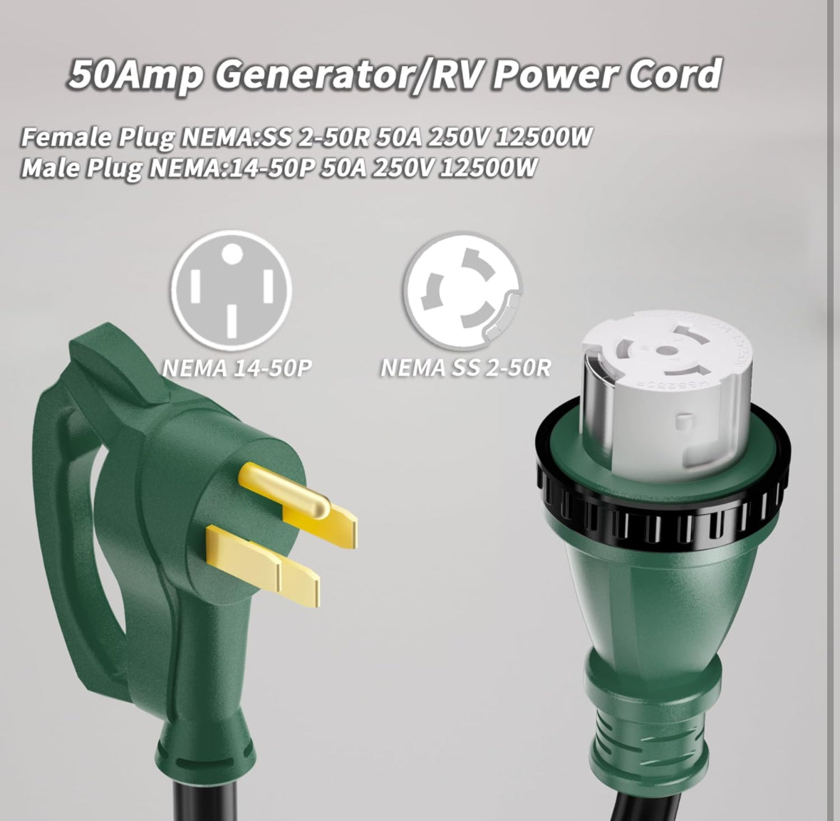 50 Amp Generator Cord, 25FT 50 Amp RV Extension Cord with Twist Lock, Generator Cord 50A 4 Prong Green, NEMA 14-50P/SS2-50R