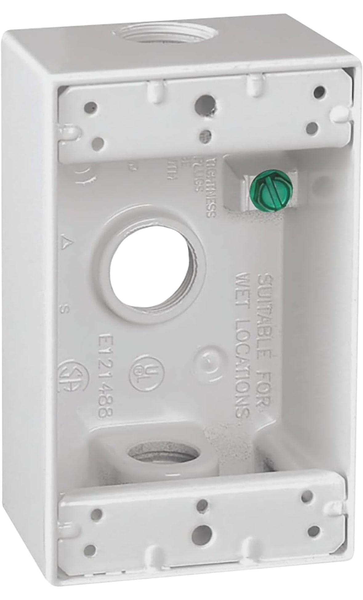 14250WH Metal Electrical Outlet Box, Weatherproof, Easy Mount Plug and Receptacle Protector, White, (3) 1/2-Inch Holes, 1 Gang Box