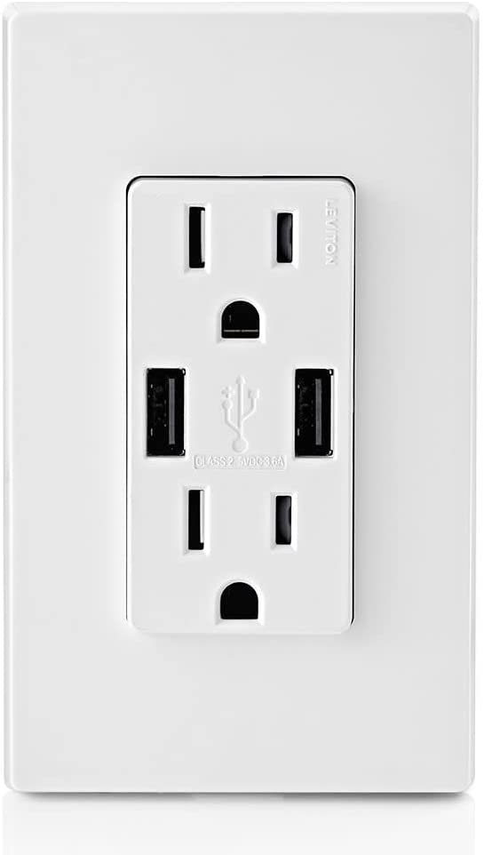 Leviton T5632-3BW 15-Amp USB Charger/Tamper Resistant Duplex Receptacle Pack of 3, White