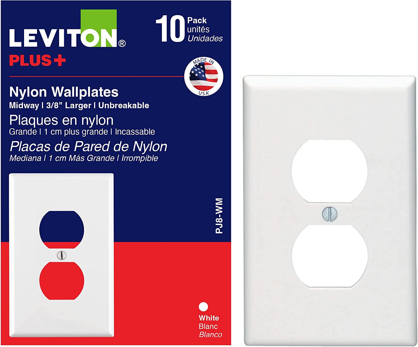 Leviton PJ8-WM 1-Gang Duplex Device Receptacle Wallplate, Midway Size, Thermoplastic Nylon, Device Mount, 10 Pack, White