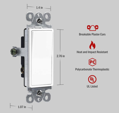 ENERLITES 3-Way Decorator Paddle Rocker Light Switch, Gloss Finish, Single Pole or Three Way, 3 Wire, Grounding Screw, Residential Grade, 15A 120V/277V, White (10 Pack)